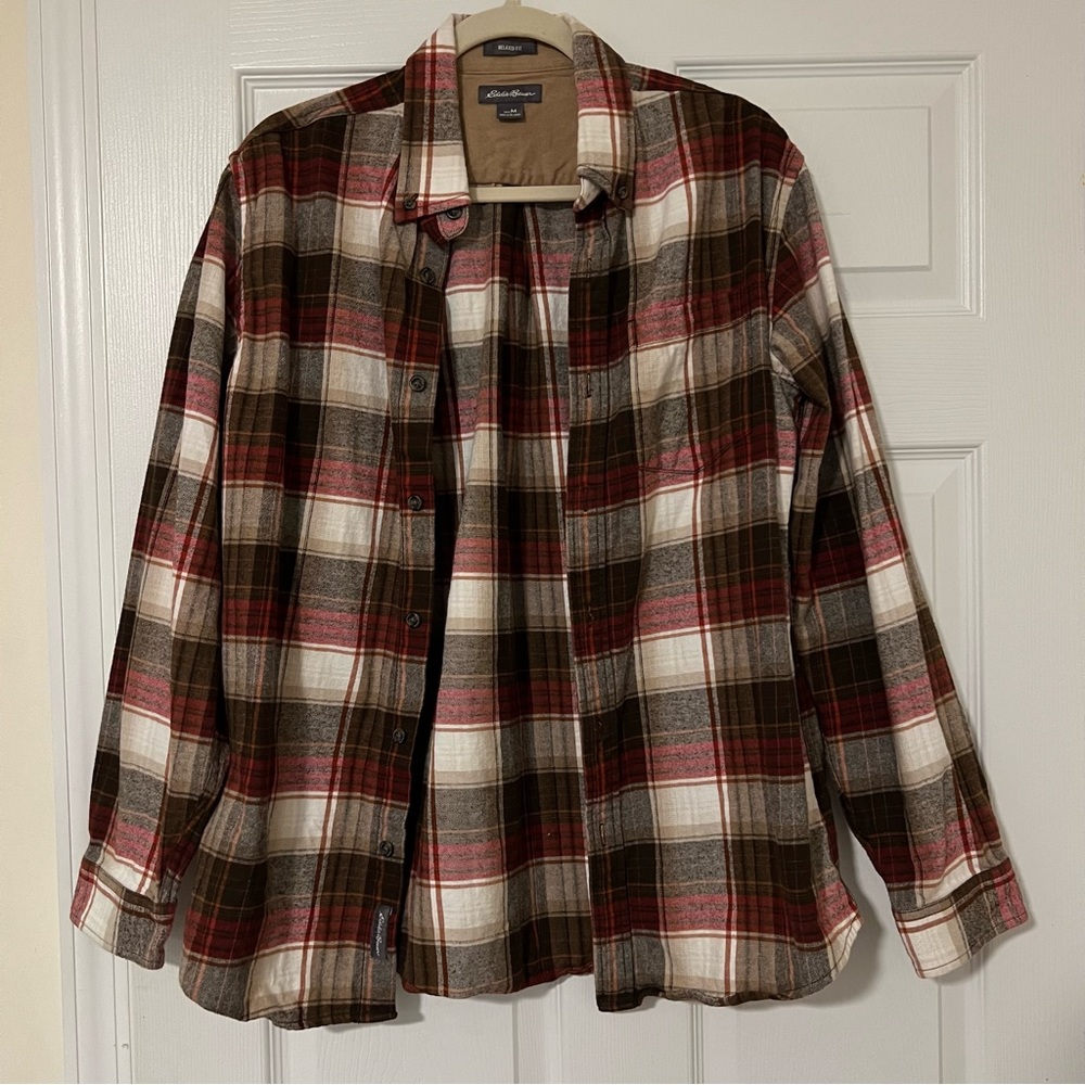Eddie Bauer Shirt Mens Medium Red Plaid Long Sleeve Button Up Outdoors Flannel